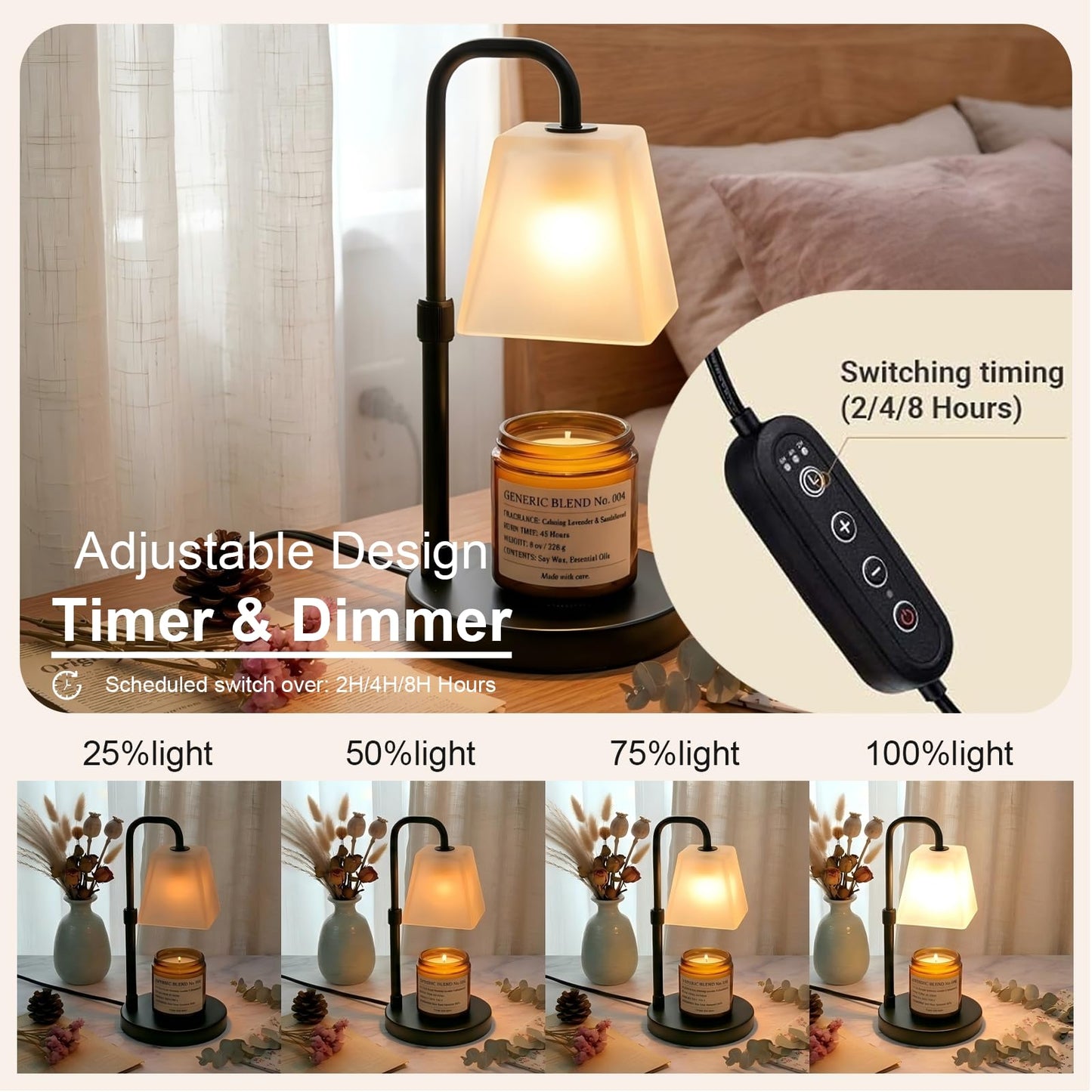 JIMEI Candle Warmer Lamp with Timer Electric Wax Warmer for Scented Wax Melt Warmer Light Melter for Jar Candles Dimmable Adjustable Height Gifts for Women Mom House Warming Frossted Glass Black - Available at All In One Marketplace Canada