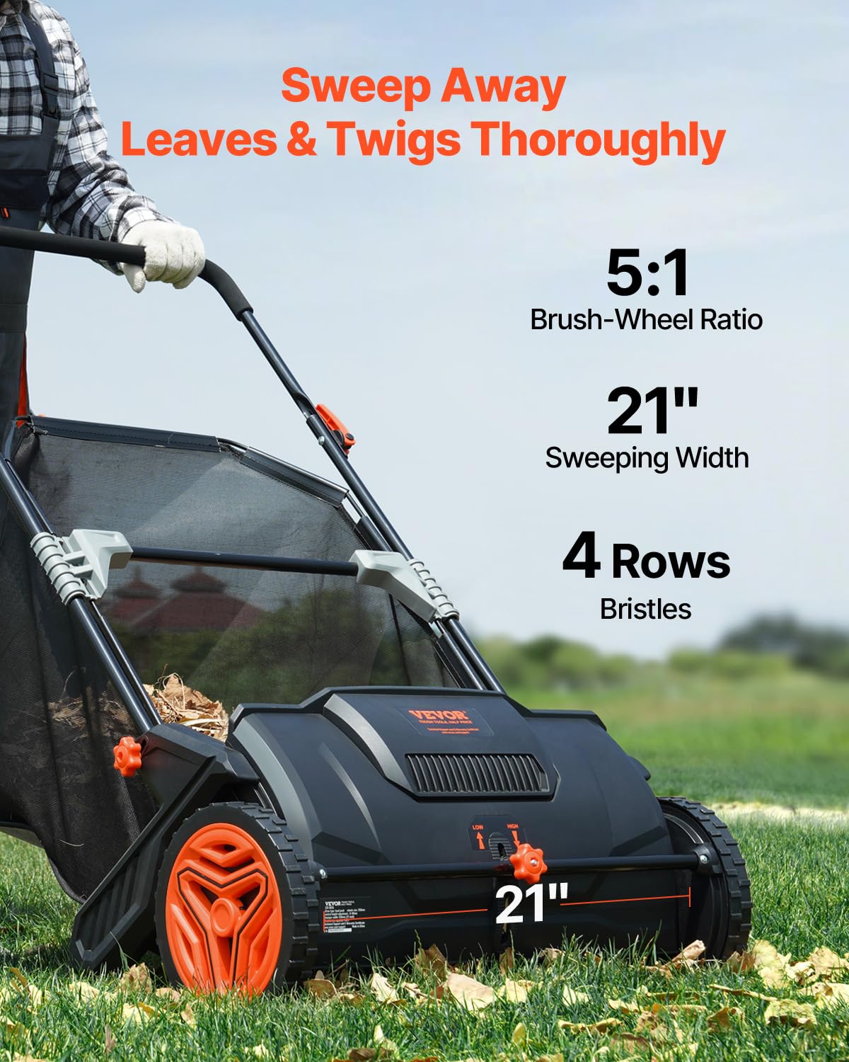 VEVOR Push Lawn Sweeper, 21-inch Leaf & Grass Collector, Strong Wheels & Heavy Duty Thickened Steel Durable to Use with Large Capacity 3.5 cu. ft. Mesh Collection Hopper Bag, 2 Spinning Brushes VEVOR