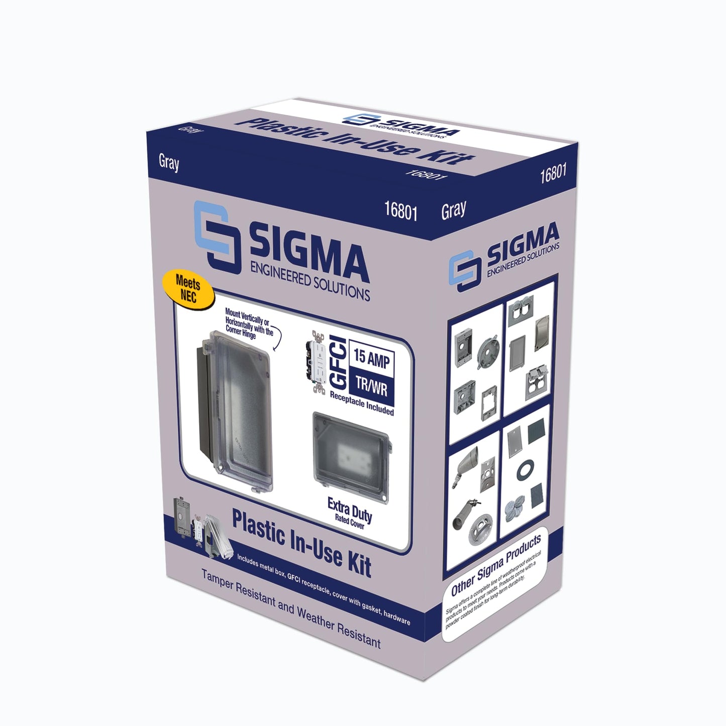Sigma Engineered Solutions 16801 Non-Metallic Weatherproof Outdoor Electrical Outlet Kit w/Extra Duty Cover, Box and 15 Amp GFCI Receptacle, in-USE, Clear/Gray, 1 Gang, Lockable with Patented Hinge Sigma Engineered Solutions