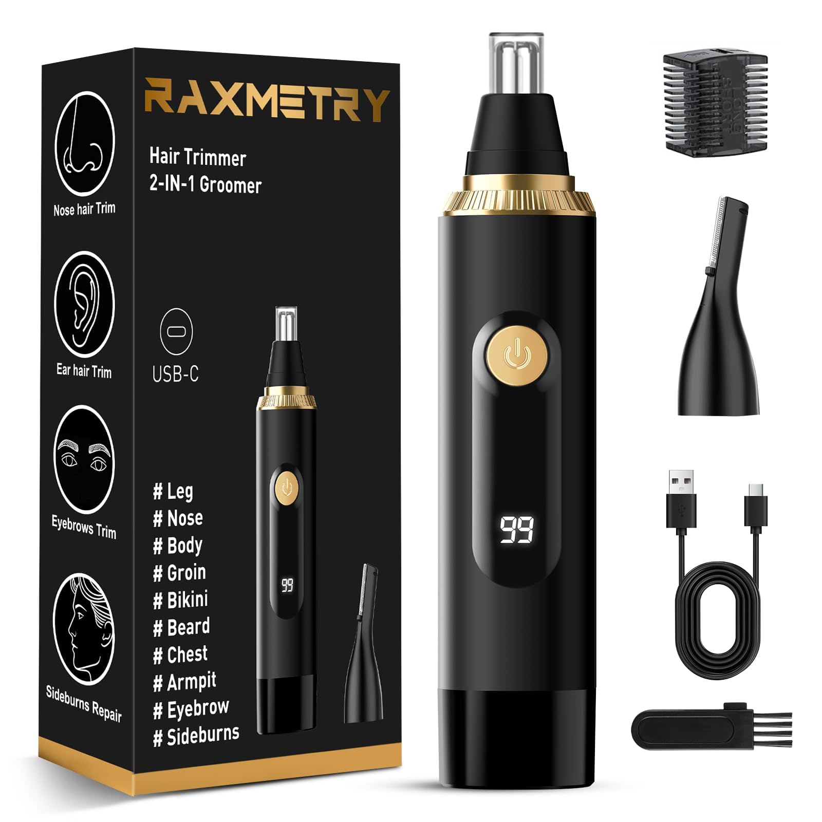 Nose Hair Trimmer 2026 Professional Nose Trimmer for Men and Women, Painless IPX7 Waterproof Eyebrow & Facial Hair Removal,USB Rechargeable with LED Display Dual-Edge Blades, Black - Available at All In One Marketplace Canada
