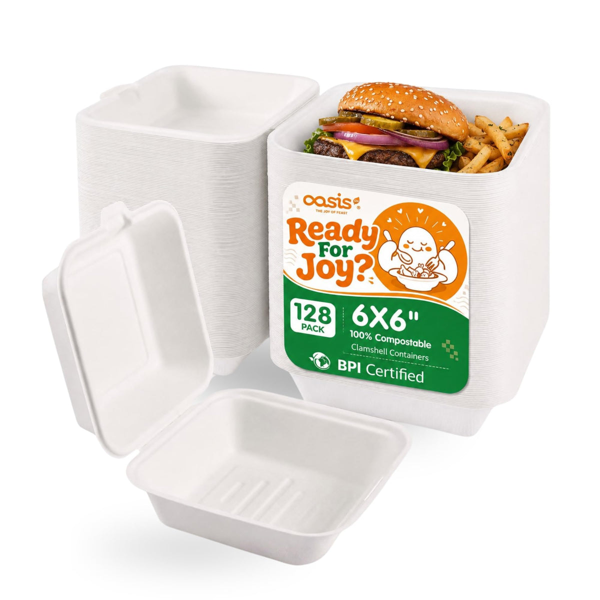 OasisSN [6x6, 128-Pack] Compostable Clamshell Take Out Food Containers, Biodegradable Bagasse Paper To-Go Boxes for Burgers, Sandwiches, Cake, Eco-Friendly, Microwave & Freezer Safe, White 🍁 All In One Marketplace Canada