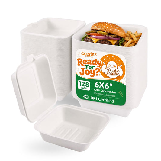 OasisSN [6x6, 128-Pack] Compostable Clamshell Take Out Food Containers, Biodegradable Bagasse Paper To-Go Boxes for Burgers, Sandwiches, Cake, Eco-Friendly, Microwave & Freezer Safe, White 🍁 All In One Marketplace Canada