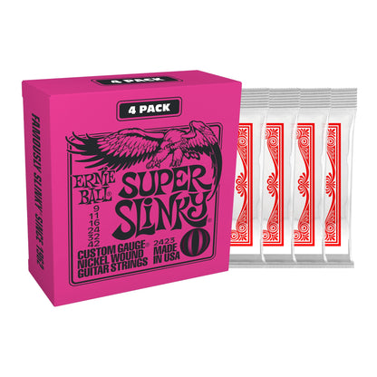 Ernie Ball Super Slinky Nickel Wound Electric Guitar Strings 4 Pack - 9-42 Gauge (P02423)