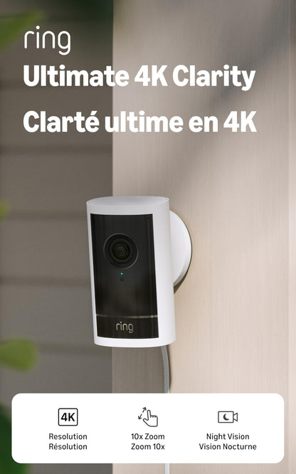 Ring Outdoor Cam Pro, Plug-In (Newest Model) — Retinal 4K with wide-angle video, 10x Enhanced Zoom, and Low-Light Sight, White