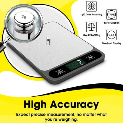 Mik-Nana Food Scale, 10kg/22lb Digital Kitchen Scale Weight Grams and Ounces for Baking Cooking Coffee Package Postage, 6 Units with Tare Function, LCD Display, Easy Clean Stainless Steel - Available at All In One Marketplace Canada