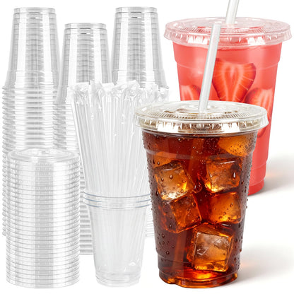 100 Pcs Clear Plastic Cups with Flat Lids and Straws, 12 oz Disposable PET Iced Coffee Cups - Ideal for Ice Coffee, Smoothie, Juice, Lemonade, Cold Beverages - Available at All In One Marketplace Canada