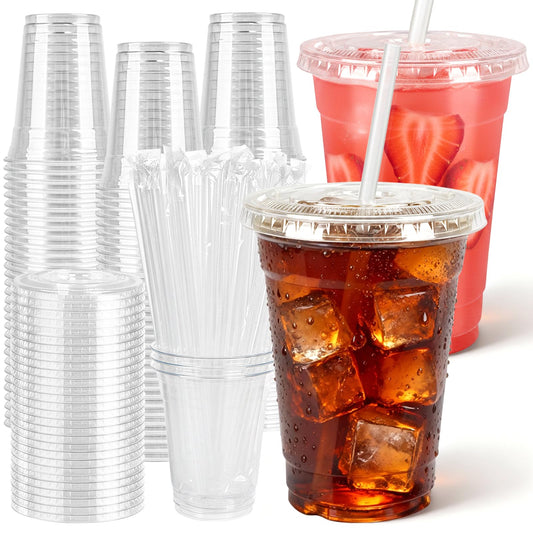 100 Pcs Clear Plastic Cups with Flat Lids and Straws, 12 oz Disposable PET Iced Coffee Cups - Ideal for Ice Coffee, Smoothie, Juice, Lemonade, Cold Beverages - Available at All In One Marketplace Canada