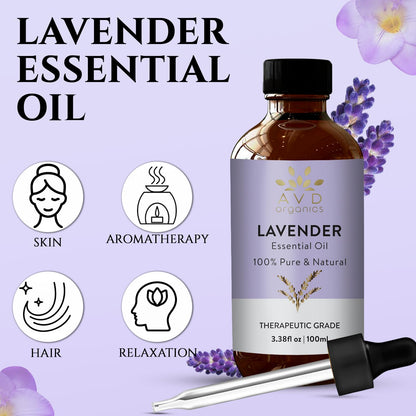 AVD Organics Lavender Essential Oils 100ml | 100% Pure & Natural Lavender Oil Skin | Massage, Aromatherapy, Diffuser, Laundry & Meditation | 3.38 fl. oz