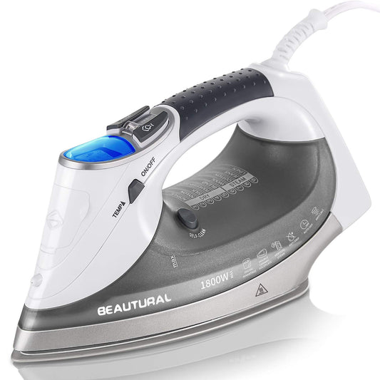 BEAUTURAL 1800-Watt Steam Iron with Digital LCD Screen, Double-Layer and Ceramic Coated Soleplate, 3-Way Auto-Off, 9 Preset Temperature and Steam Settings for Variable Fabric - Available at All In One Marketplace Canada