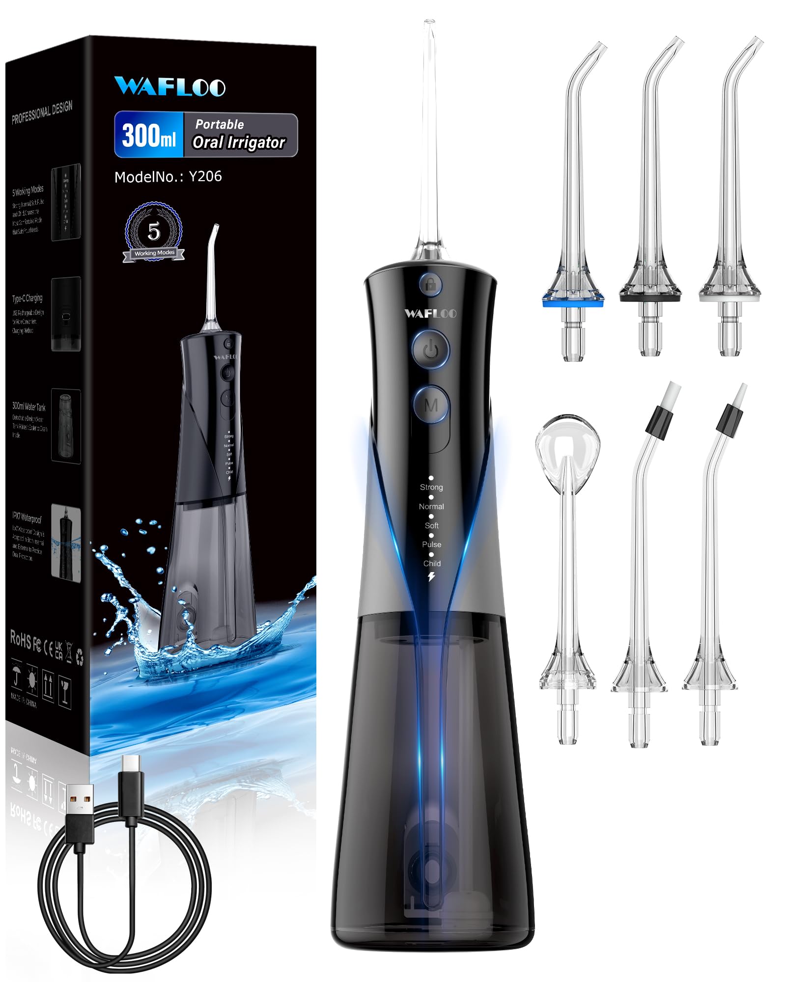 WAFLOO Water Flossers - Portable 300ML Larger Tank Waterflosser IPX7 Waterproof Floss for Home Travel, 5 Modes, 6 Flossing Tips - Available at All In One Marketplace Canada