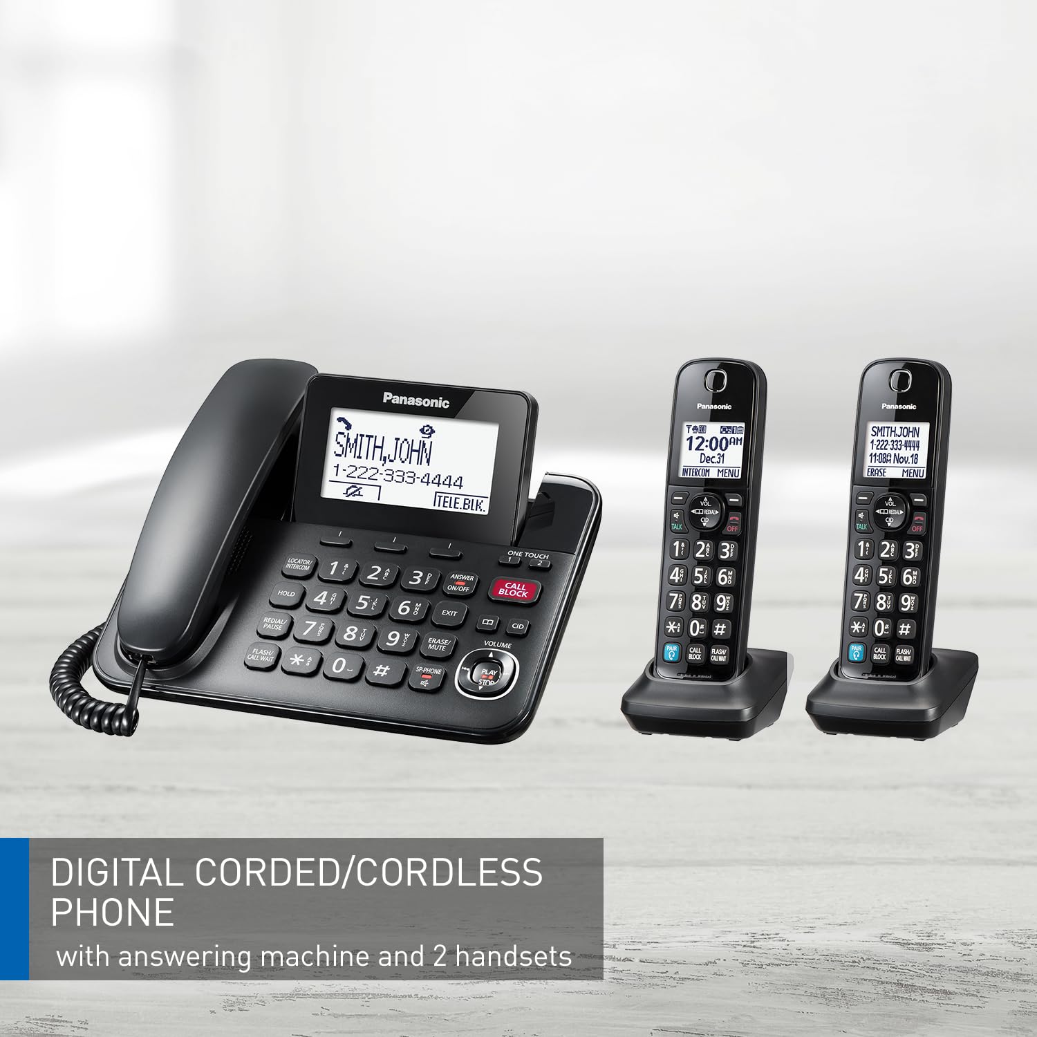 Panasonic Expandable Corded Phone System, Bluetooth Pairing for Wireless Headphones and Hearing Aids, Smart Call Block, Bilingual Talking Caller ID, 2 Handsets - KXTGF892B (Black) Panasonic