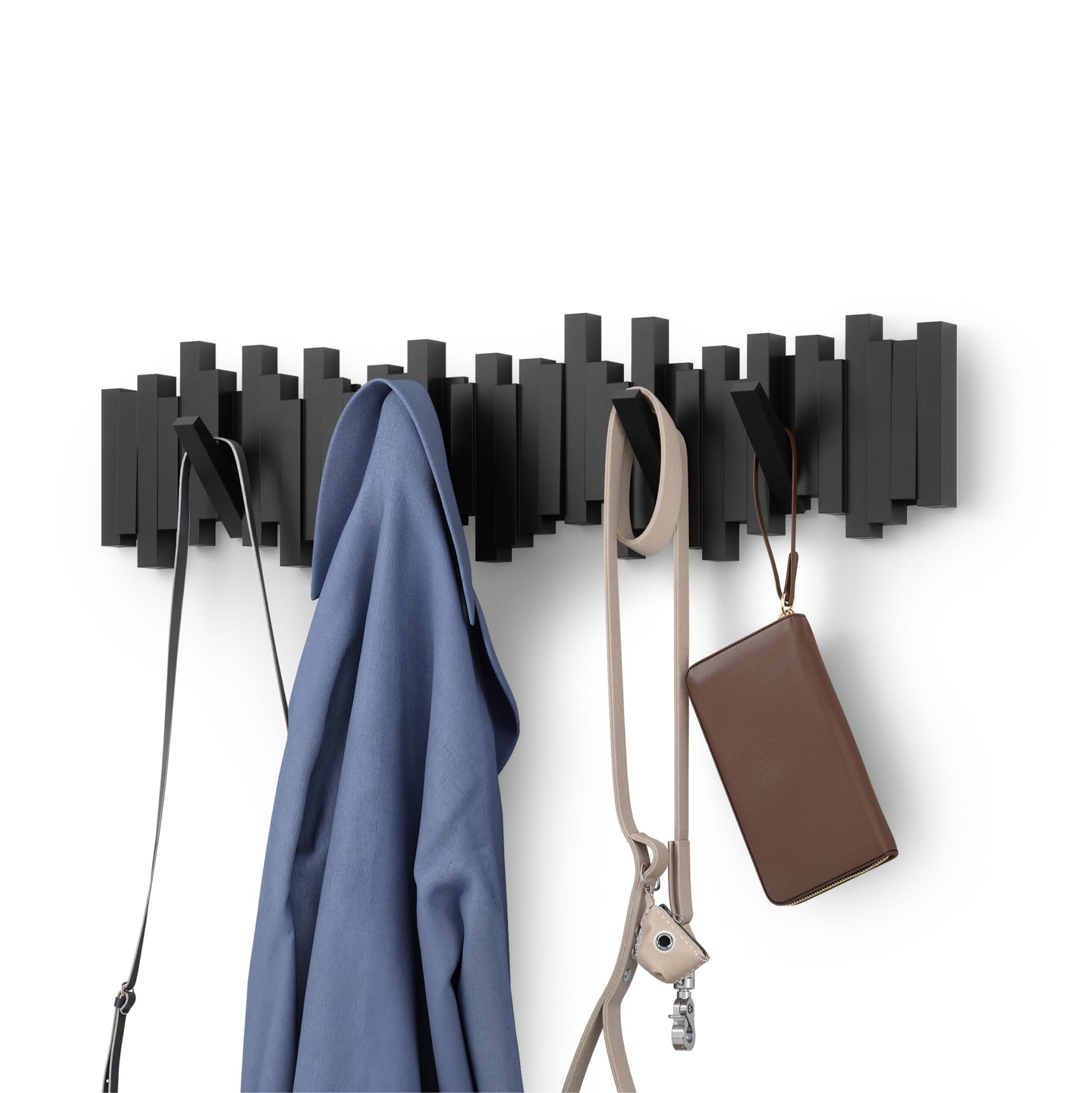 Umbra Sticks Wall-Mounted Coat Rack Rail Hook with 8 Retractable Pegs – Modern, Space-Saving Storage Organizer, Black Umbra