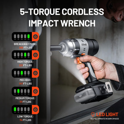 LiTHELi 20V Cordless Impact Wrench Kit with 2.0Ah Battery, 1/2" Hog Ring Impact Gun, Max 295ft-lbs & 3000IPM, 5 Torque Settings, 5 Sockets & Blow Molded Case, for Car Tire, Home Repair & DIY