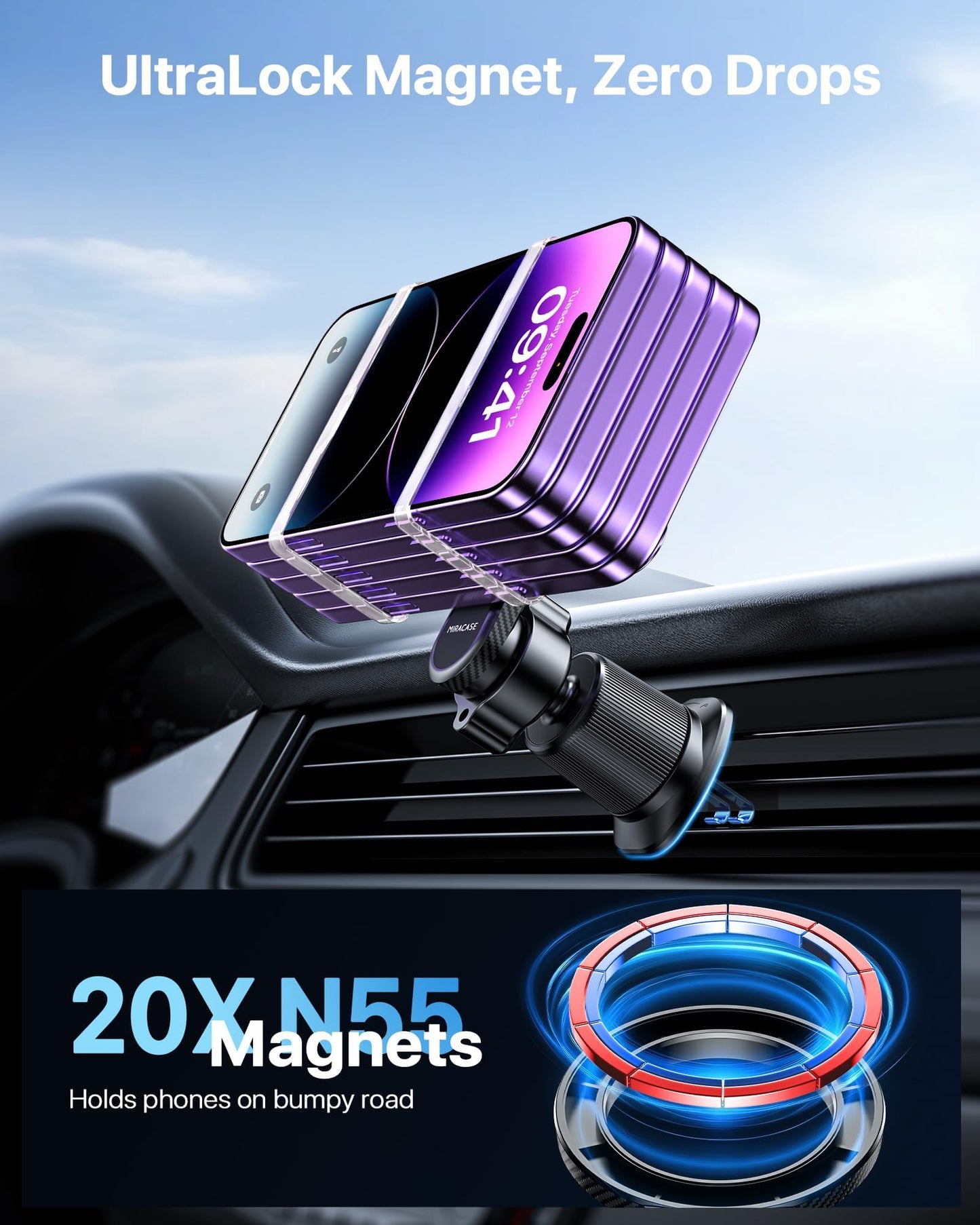 Miracase for MagSafe Car Mount【Won’t Block Vent &20 Strongest Magnets】 Magnetic Phone Holder for Car Phone Holder Mount Dash for Car Accessories for Women Men for iPhone 17 Pro Max Air 16 15 14 13 12 - Available at All In One Marketplace Canada