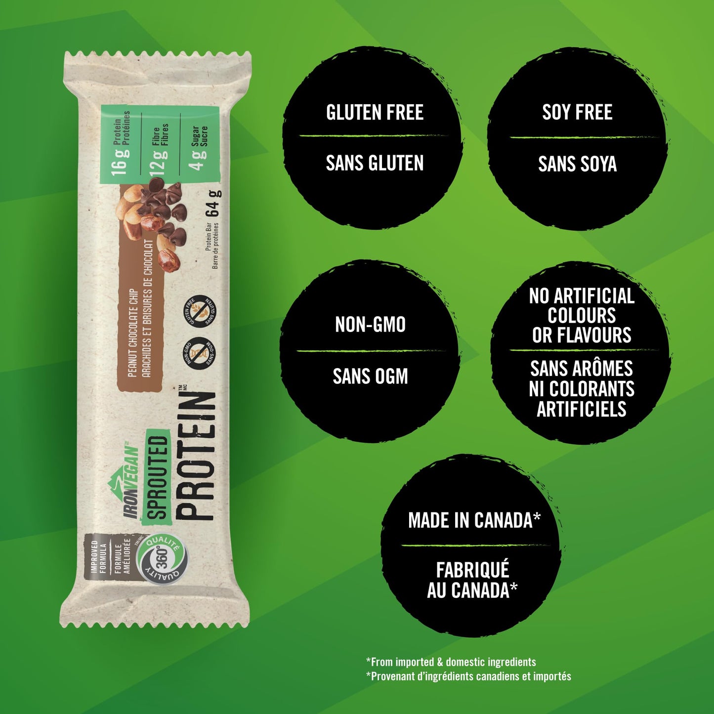 Iron Vegan Sprouted Protein Bars | Peanut Chocolate Chip Flavour | 12 Pack - Available at All In One Marketplace Canada