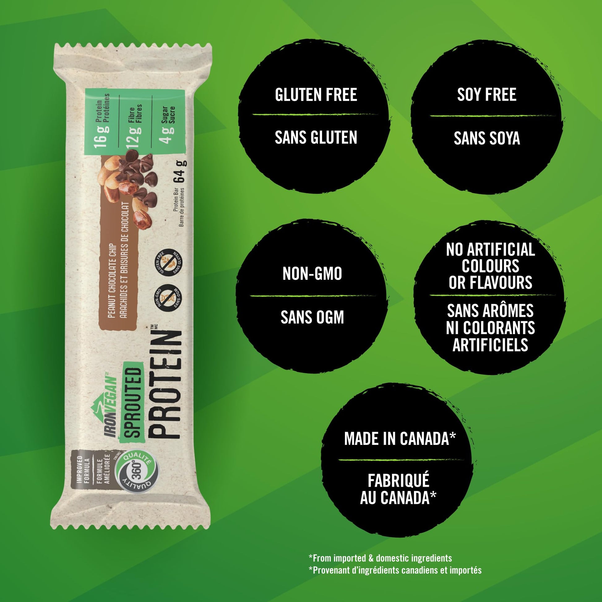 Iron Vegan Sprouted Protein Bars | Peanut Chocolate Chip Flavour | 12 Pack - Available at All In One Marketplace Canada