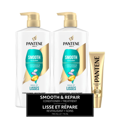 Pantene PRO-V Smooth & Sleek Conditioner, 1.49 L Total (2 Packs of 745 mL) and 15 mL Intense Rescue Shot Treatment for dry hair Pantene
