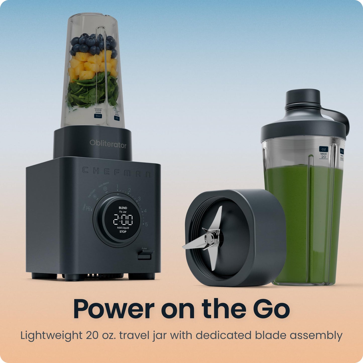 Chefman Obliterator 48 oz Countertop Blender for Smoothies, 1380W Motor to Crush Ice, Nuts, and Frozen Fruit with Stainless Steel Blade, Auto Blend Function, Includes 20 oz Travel Jar - Midnight 🍁 All In One Marketplace Canada Chefman