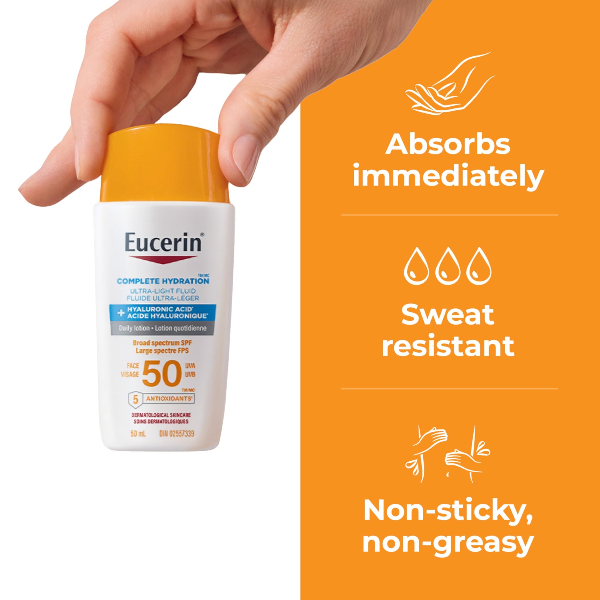 Eucerin Complete Hydration Ultra-Light Fluid Sunscreen, Daily Face Sunscreen SPF 50 With Hyaluronic Acid, Body SPF 50 Lotion with UVA-UVB Sun Protection, Fragrance Free & Non Greasy, 50 ml - Available at All In One Marketplace Canada