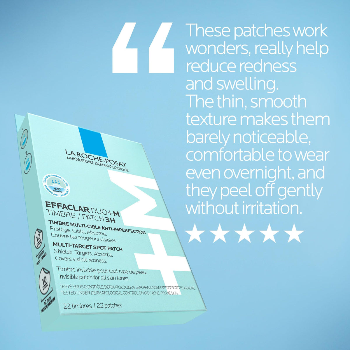 La Roche Posay Pimple Patches, Effaclar Duo+M Hydrocolloid Acne Patches for Acne-Prone Skin, Visibly Reduce Blemishes in 3 Hours, for Day or Night Use, Dermatologist Recommended, 22 Count per Box