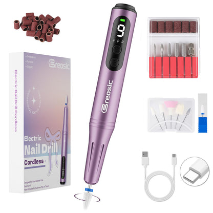 Breosic Electric Nail Drill 35000RPM,12-in-1 Nail File Portable USB-Rechargeable Cordless Nail Drill Professional with 9-Speed & LED Display Manicure Pedicure Nail Kits for Acrylic & Gel Nails(Purple) - Available at All In One Marketplace Canada