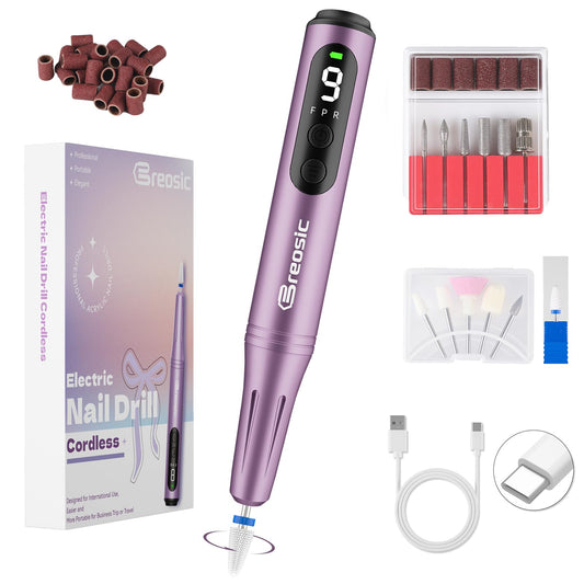 Breosic Electric Nail Drill 35000RPM,12-in-1 Nail File Portable USB-Rechargeable Cordless Nail Drill Professional with 9-Speed & LED Display Manicure Pedicure Nail Kits for Acrylic & Gel Nails(Purple) - Available at All In One Marketplace Canada