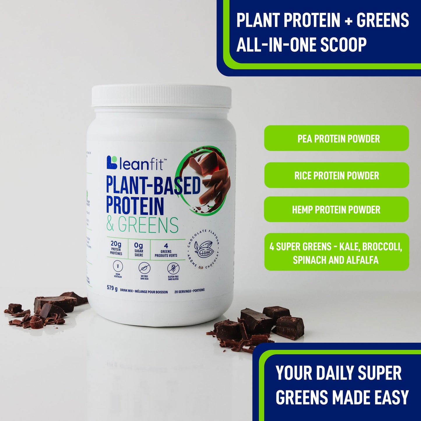 LeanFit Plant-Based Protein & Greens Powder - Natural Chocolate Flavor, 20g Protein + 4 Greens Per Serving, Vegan & Gluten-Free, 20 Servings