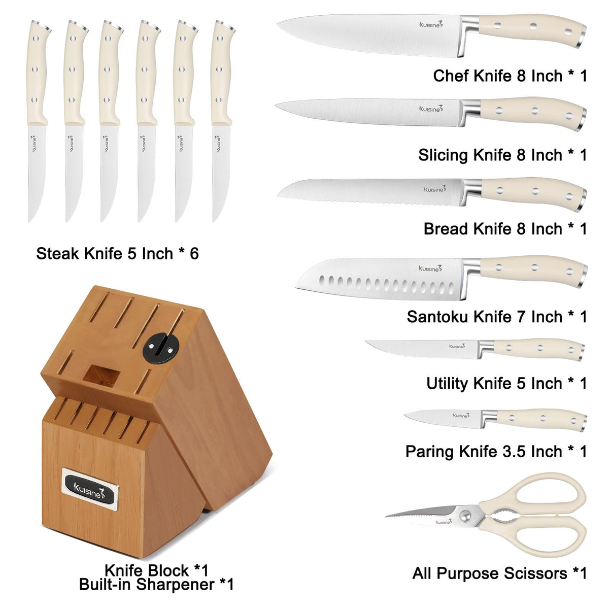 Kuisine Chef Knife Set,High Carbon Stainless Steel Ultra Sharp Blade Ergonomic Handle,Kitchen Knife Block Set with Built-in Sharpener, Elegant Gift for Holiday(Acacia A49, 15PCS) 🍁 All In One Marketplace Canada