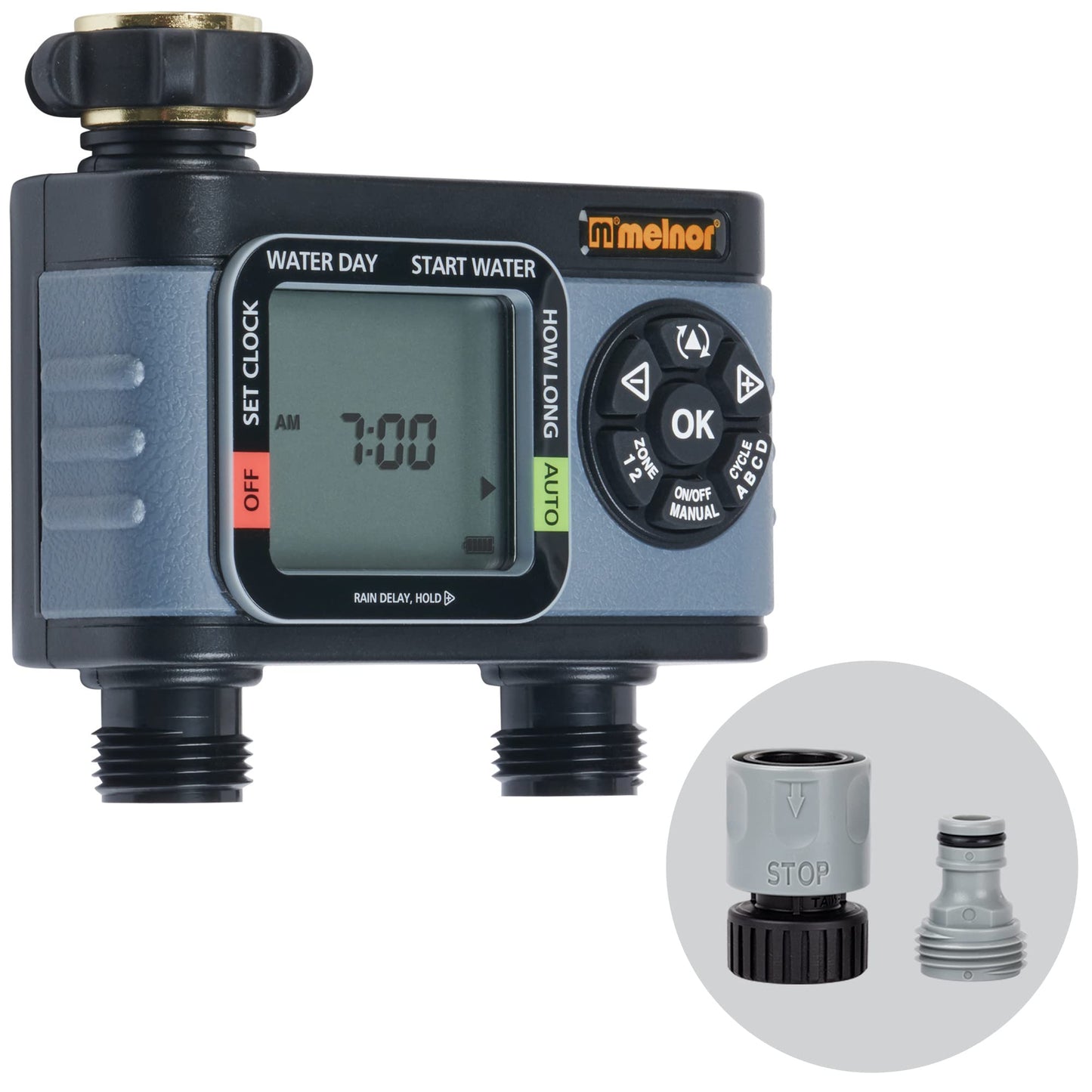 Melnor 65166AMZ HydroLogic Digital Hose Timer, 2-Zone Programmable Watering Timer, Quick Connect Bundle, Black, Grey Melnor