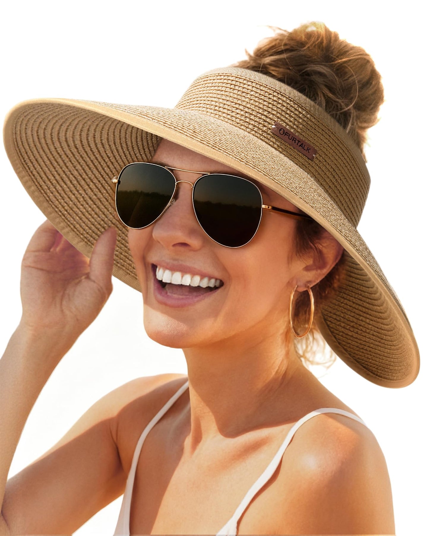 FURTALK Sun Visor Hats for Women Wide Brim Straw Roll Up Ponytail Summer Beach Hat UV UPF 50 Packable Foldable Travel - Available at All In One Marketplace Canada