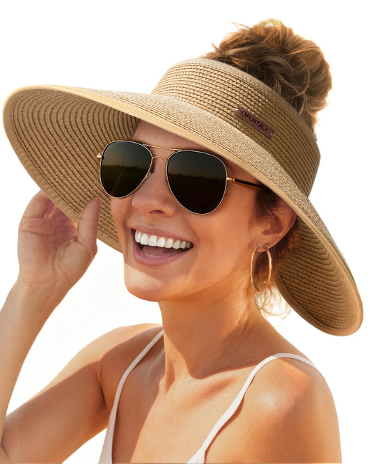 FURTALK Sun Visor Hats for Women Wide Brim Straw Roll Up Ponytail Summer Beach Hat UV UPF 50 Packable Foldable Travel - Available at All In One Marketplace Canada