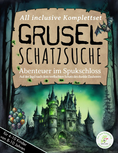 Chasse au trésor effrayante : Aventure dans le château hanté - À la poursuite du trésor maudit du sorcier noir - Votre jeu de piste prêt à l'emploi pour un anniversaire d'enfant ou Halloween : kit complet chasse au trésor "Château hanté", âge : 8-10 ans