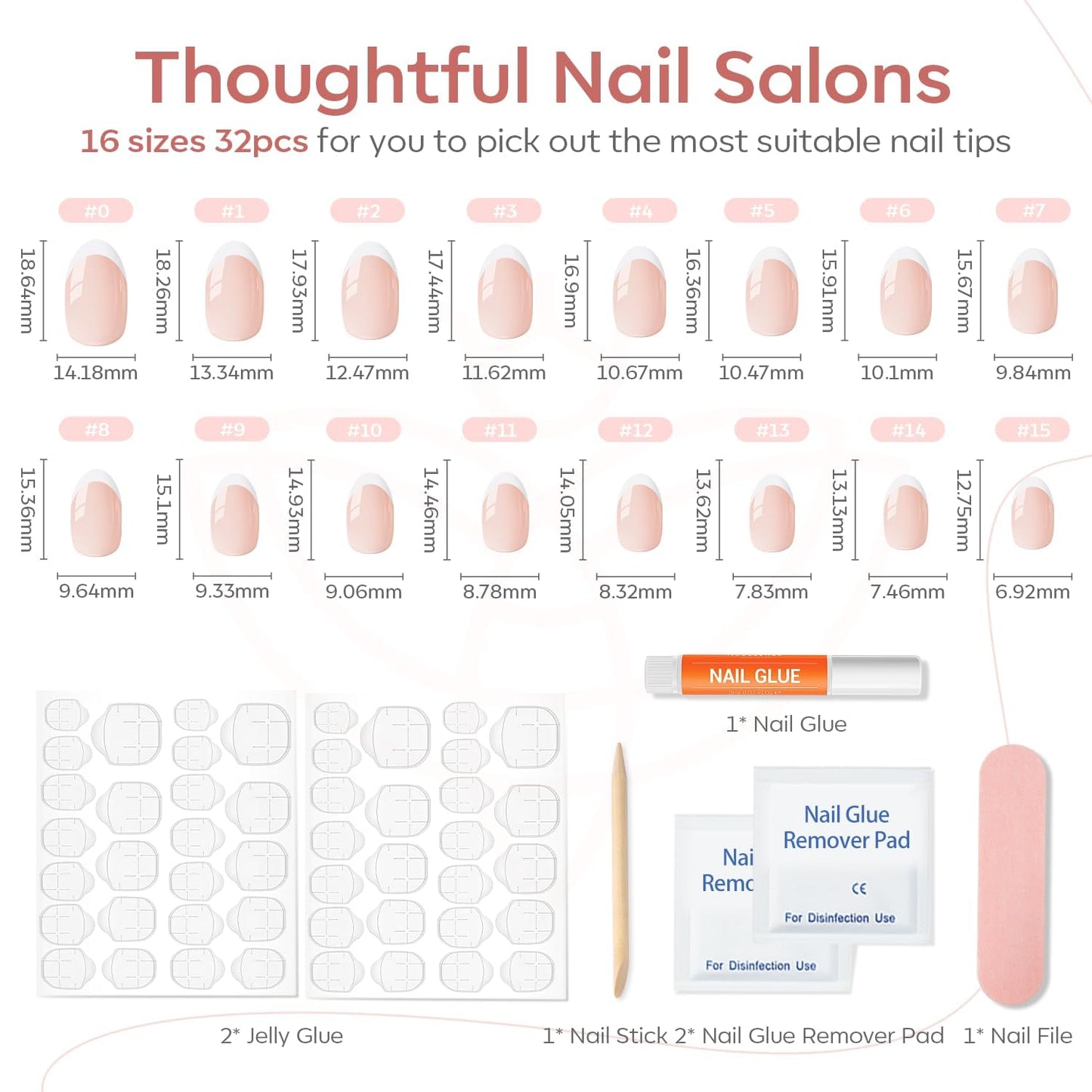 Modelones French Tip Press On Nails, Short Oval Fake Nails Press Ons with Nail Glue, Adhesive Tabs, Nail File, Prep Pad, Manicure Stick, 32Pcs 16 Sizes, Nude, Valentines