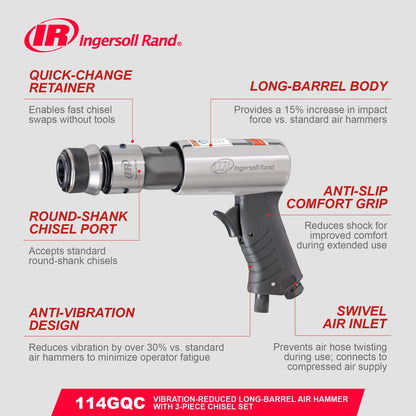 Ingersoll Rand 114GQC Air Hammer with 3-Piece Set, Tapered Punch, Panel Cutter, Flat Chisel, 2-5/8" Stroke, 3500 BPM, Plastic Handle, Gray