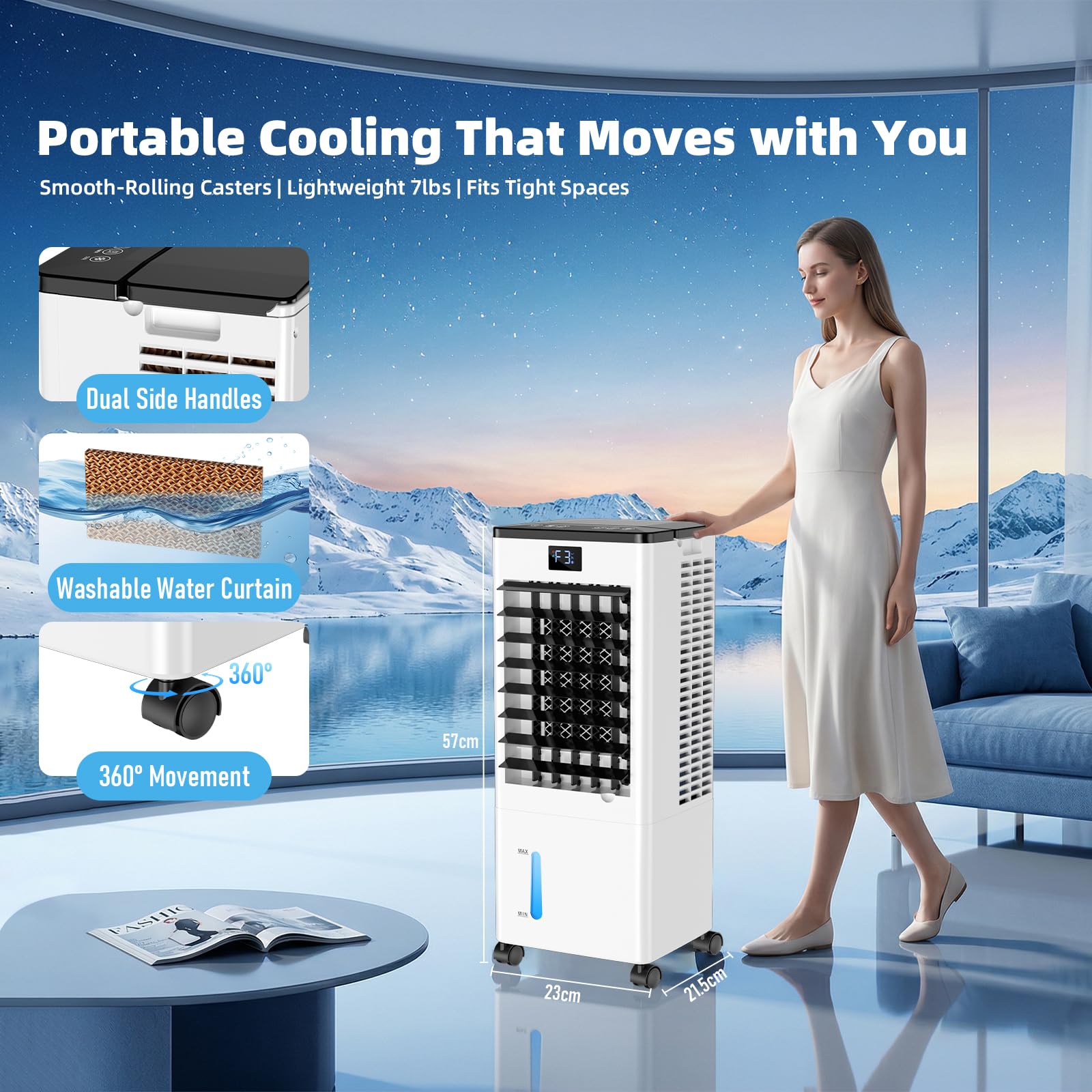 Portable Air Conditioners, Evaporative Air Cooler with Remote & LED Display, 120° Oscillation, 12H Timer, 3 Speeds & 4 Modes, 60W Energy-Efficient, Windowless Swamp Cooler for Bedroom Office Garage - Available at All In One Marketplace Canada