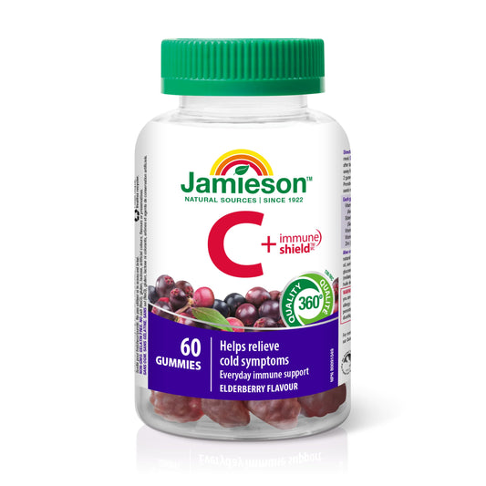 Jamieson Vitamin C + Immune Shield, 60 Gummies, Natural Elderberry Flavour. With Elderberry and Zinc. Supports Immune Health, Relieves Early Cold Symptoms, Family Friendly (3+) - Available at All In One Marketplace Canada
