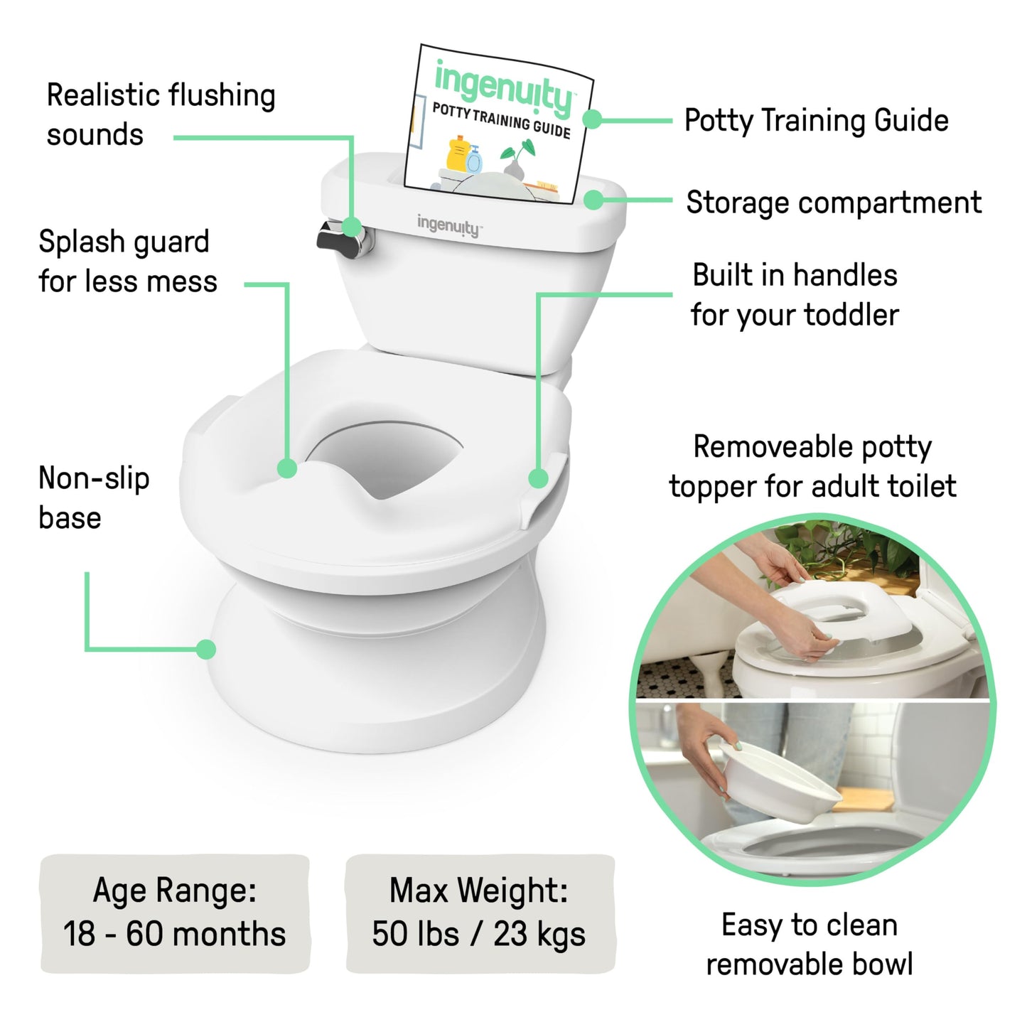 Summer by Ingenuity My Size Potty Pro in White, Infant Potty Training Toilet, Lifelike Flushing Sound, For Ages 18 Months, Up to 50 Pounds