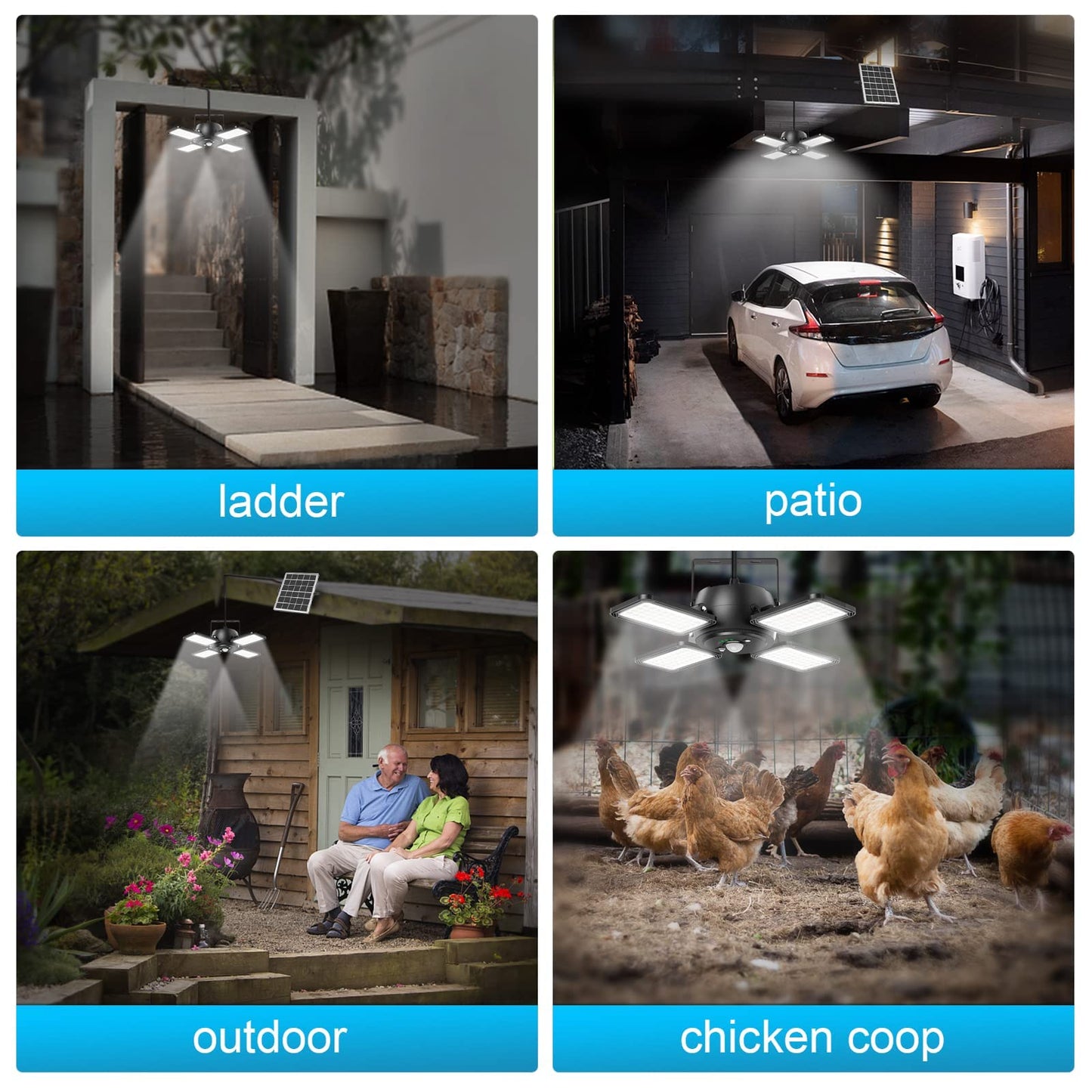 Solar Pendant Light Outdoor Indoor Solar Powered Motion Sensor Shed Light,144LED 1200LM Daytime Work Light with 5 Lighting Modes Remote Control 4 Heads Light for Garage Gazebo Barn Latband