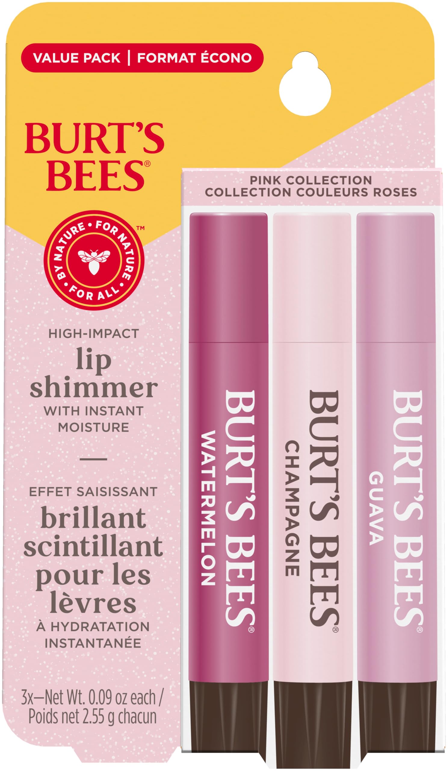 Burt's Bees Lip Shimmer, 100% Natural Origin Lip Gloss, Tinted Lip Colour | Get Soft and Hydrated Lips | Pack of 3 - (Pink) Champagne, Watermelon, Guava Burt's Bees