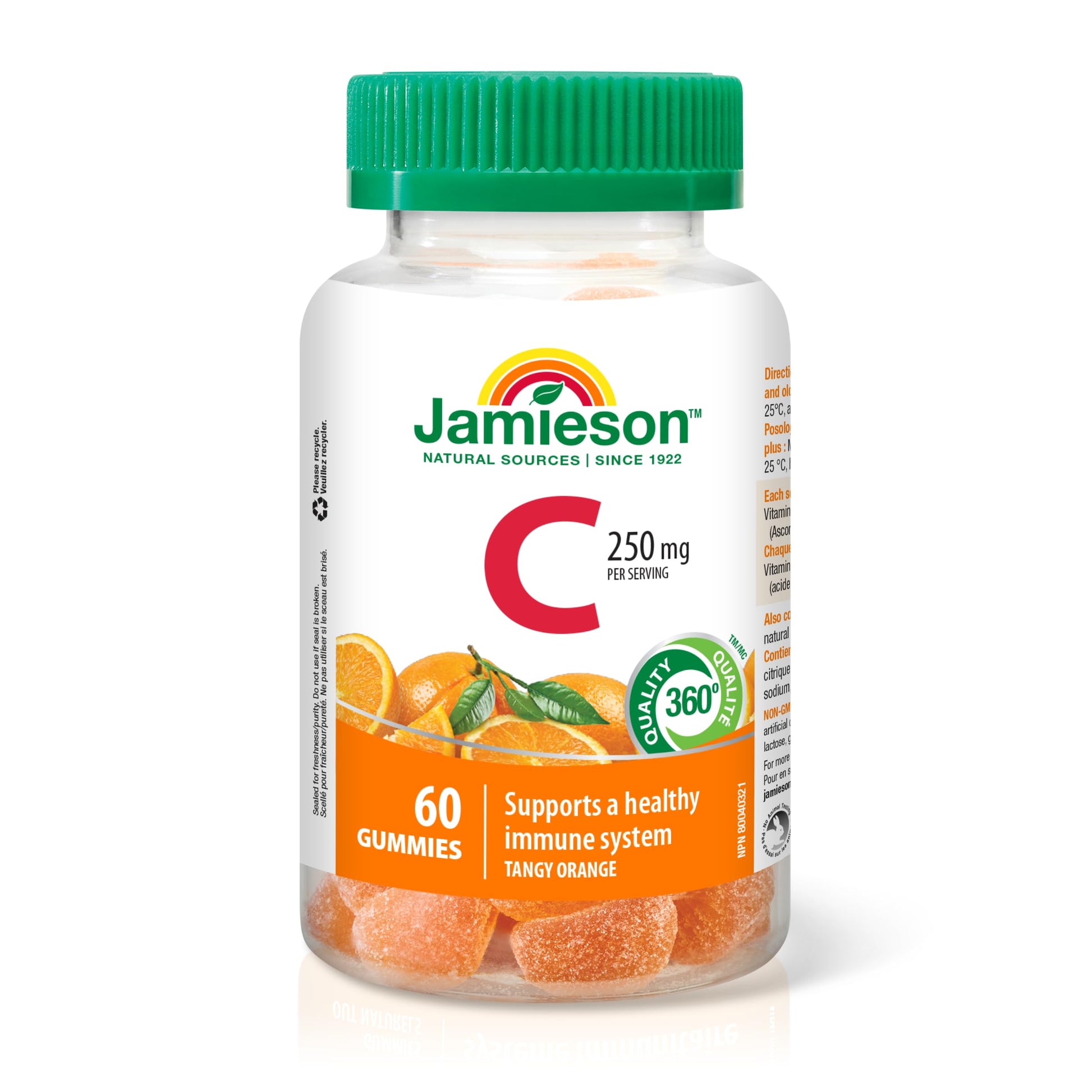 Jamieson Vitamin C 250 mg, 60 Gummies, Natural Tangy Orange Flavour. Supports Immune Health, Strong Teeth and Bones. Family Friendly (3+), Vegetarian, Non-GMO, Gelatin-Free