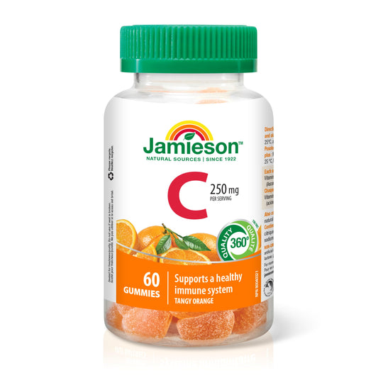 Jamieson Vitamin C 250 mg, 60 Gummies, Natural Tangy Orange Flavour. Supports Immune Health, Strong Teeth and Bones. Family Friendly (3+), Vegetarian, Non-GMO, Gelatin-Free