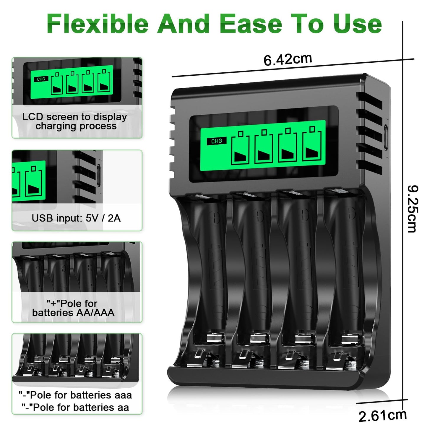 POWEROWL AA AAA Rechargeable Battery Charger, 4 Bay LCD Smart Battery Charger for Ni-MH AA AAA Rechargeable Batteries, Independent Slot & USB Fast Charging