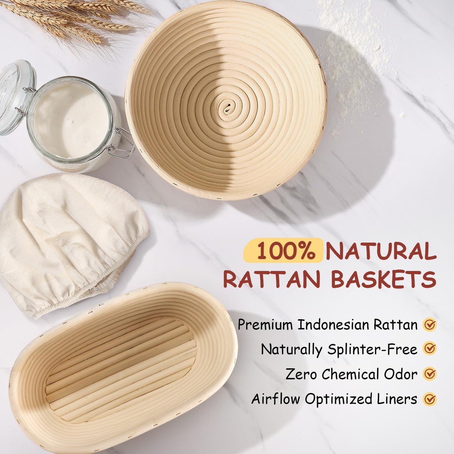 KOACKL Sourdough Bread Starter Kits, Banneton Sourdough Bread Making Tools Kit, Banneton Proofing Basket Making Bread Basket Baking for Baking Dough with Rising Pattern (Round and Oval) - Available at All In One Marketplace Canada