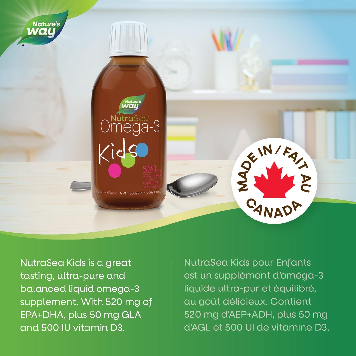 Nature's Way NutraSea Kids Omega 3 + Vitamin D Fish Oil Liquid Supplement for Kids Ages 1 to 14 – Bubblegum Flavour – Brain, Eye & Bone Support – EPA & DHA + GLA + D3, 200 mL - Available at All In One Marketplace Canada