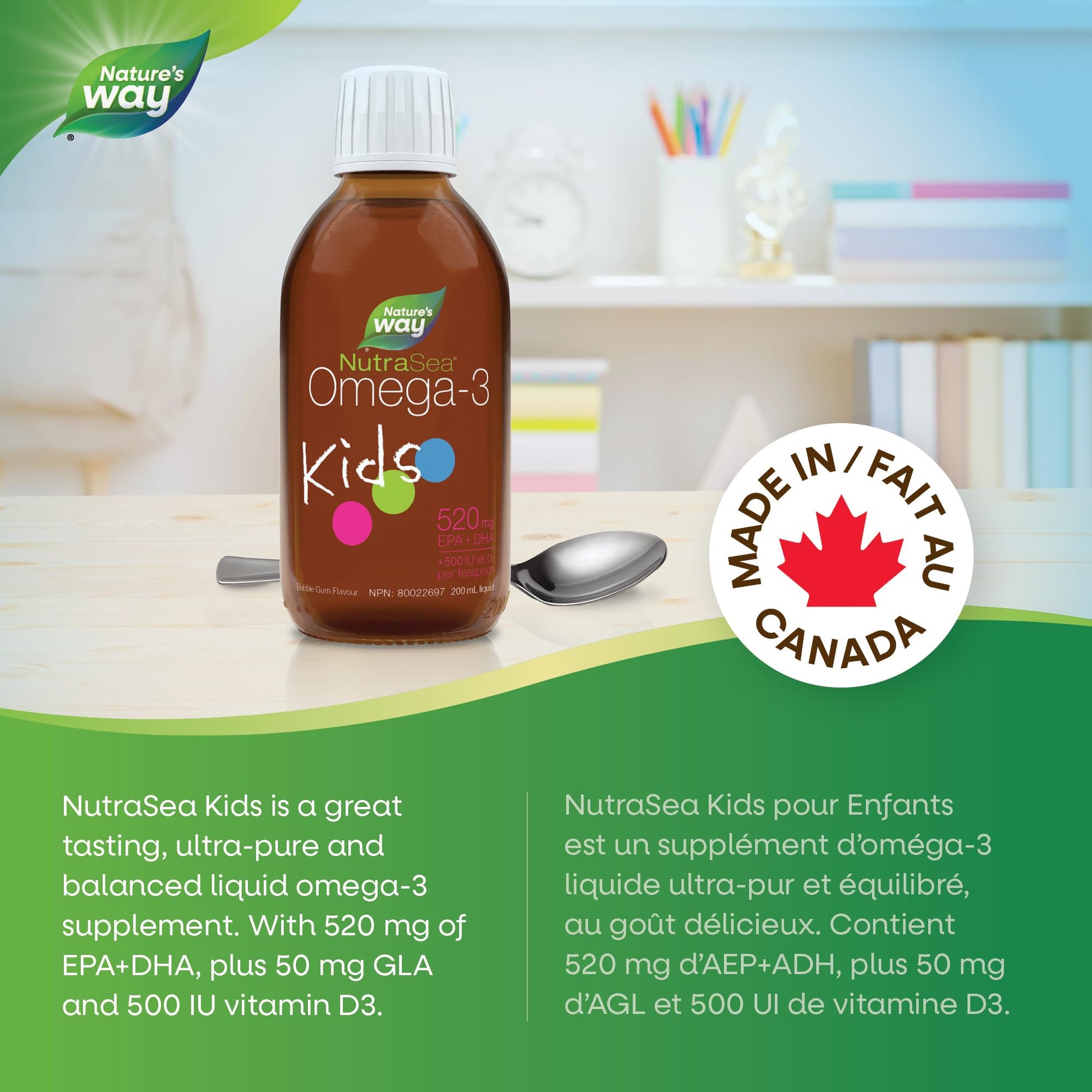 Nature's Way NutraSea Kids Omega 3 + Vitamin D Fish Oil Liquid Supplement for Kids Ages 1 to 14 – Bubblegum Flavour – Brain, Eye & Bone Support – EPA & DHA + GLA + D3, 200 mL - Available at All In One Marketplace Canada