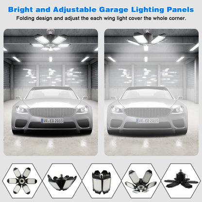 POLARPRA Garage Lights - 2Pack Super Bright 32000LM LED Garage Ceiling Light 6500K LED Shop Light w/ 6 Deformable Panels Screw in E26/E27 Socket Light Bulbs for Workshop Storage Warehouse Attic