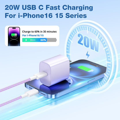 4 Pack USB C Charger for iPhone 16 15 Charger Fast Charging, 20W USB C Fast Charger Block with 6FT USB C to C Cable for iPhone 16 15 Pro Max/15 Plus/iPad Pro12.9/11,iPad Air,iPad mini Android Phones