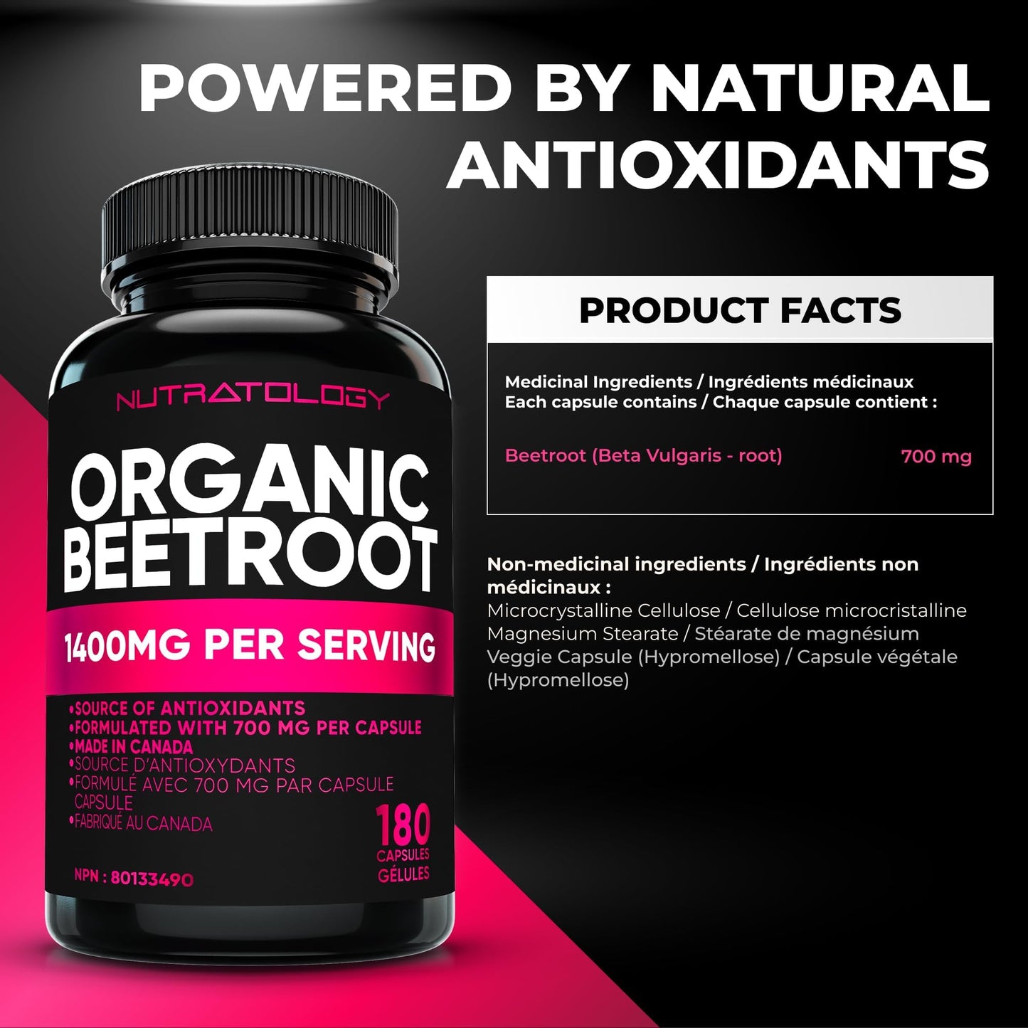 Nutratology® Organic Beetroot Capsules | 1400mg per Daily Serving | 180 Capsules | Canadian Made | Source of Antioxidants | Organic Beet Root Powder - Available at All In One Marketplace Canada
