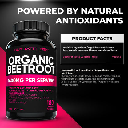 Nutratology® Organic Beetroot Capsules | 1400mg per Daily Serving | 180 Capsules | Canadian Made | Source of Antioxidants | Organic Beet Root Powder - Available at All In One Marketplace Canada