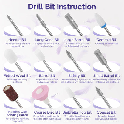 Breosic Electric Nail Drill 35000RPM,12-in-1 Nail File Portable USB-Rechargeable Cordless Nail Drill Professional with 9-Speed & LED Display Manicure Pedicure Nail Kits for Acrylic & Gel Nails(Purple) - Available at All In One Marketplace Canada